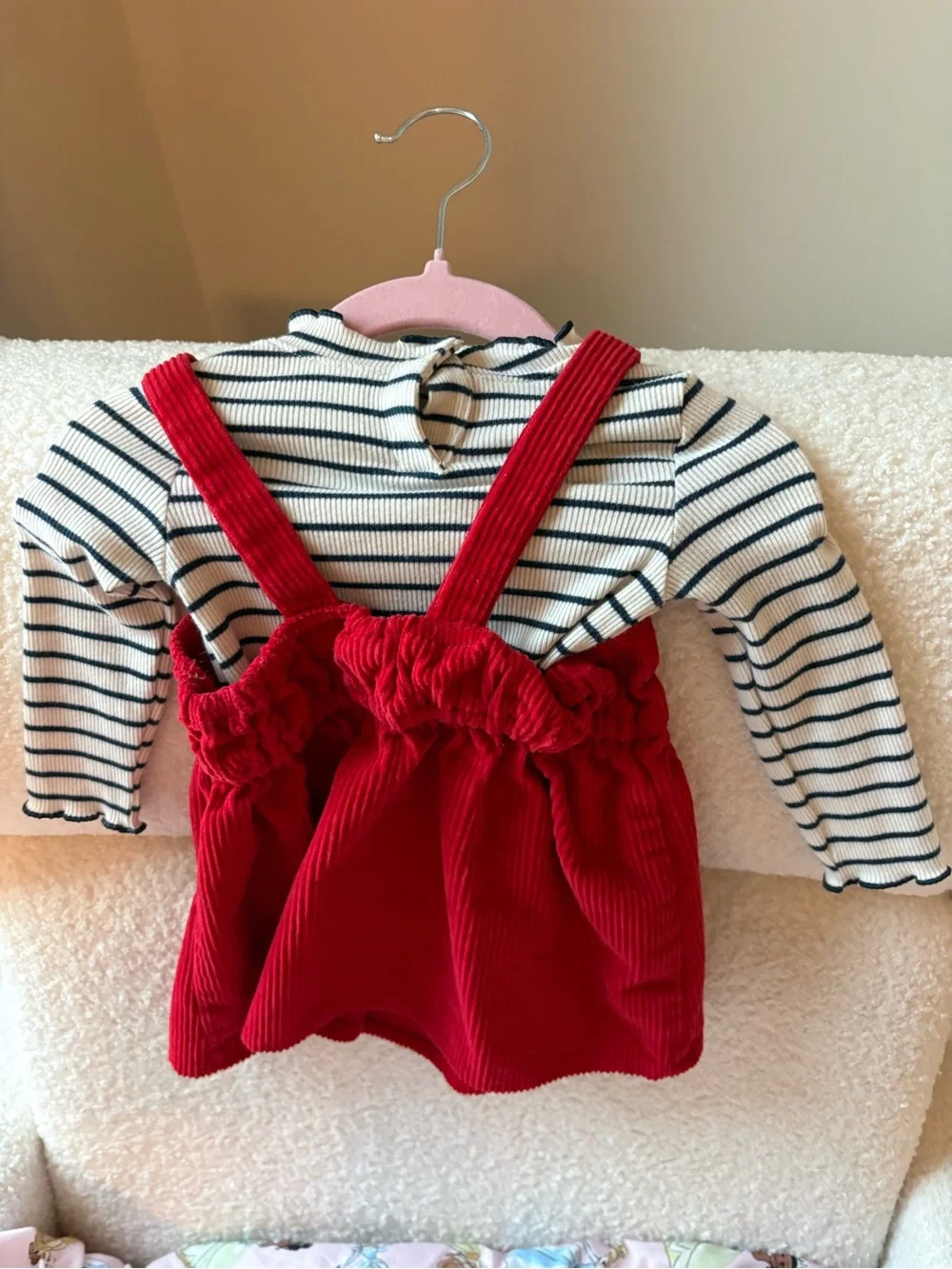 Old Navy Red Corduroy Heart Pinafore with Striped Top